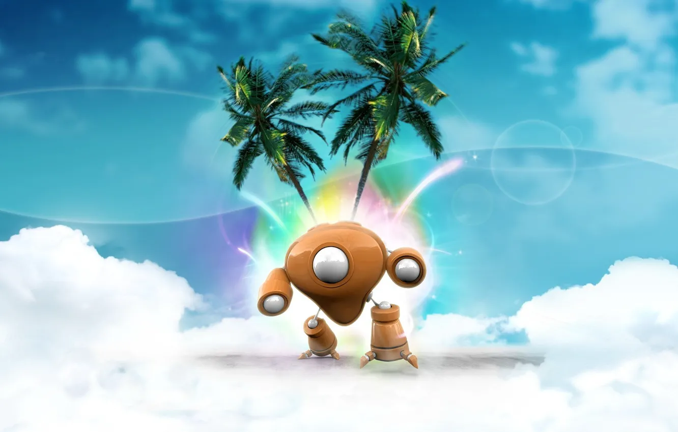 Photo wallpaper clouds, palm trees, robot