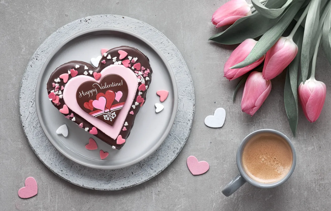 Photo wallpaper coffee, bouquet, hearts, cake, Anya Ivanova