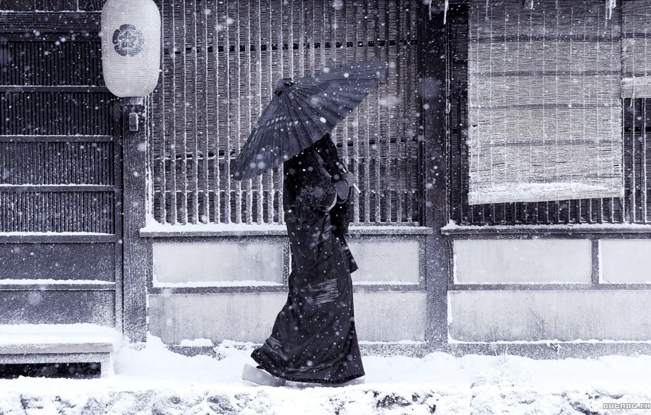 Photo wallpaper snow, Japanese, umbrella