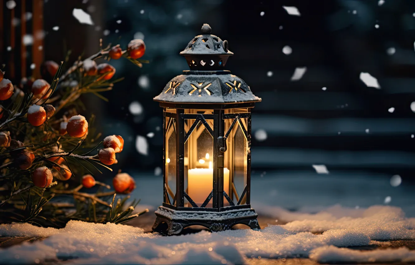 Photo wallpaper winter, snow, decoration, night, new year, Christmas, lights, light