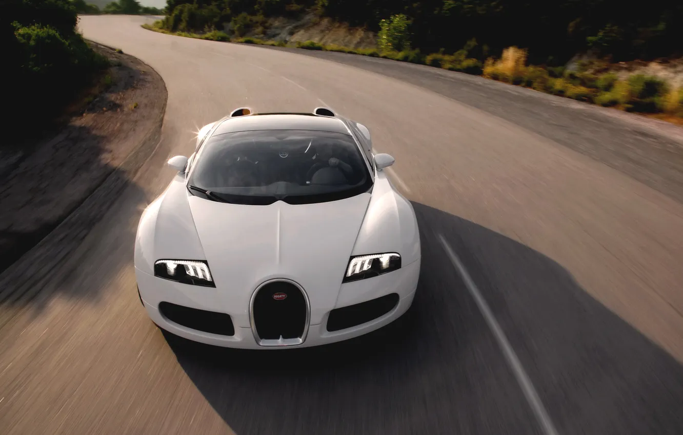 Photo wallpaper road, auto, white, asphalt, lights, day, Bugatti, The hood