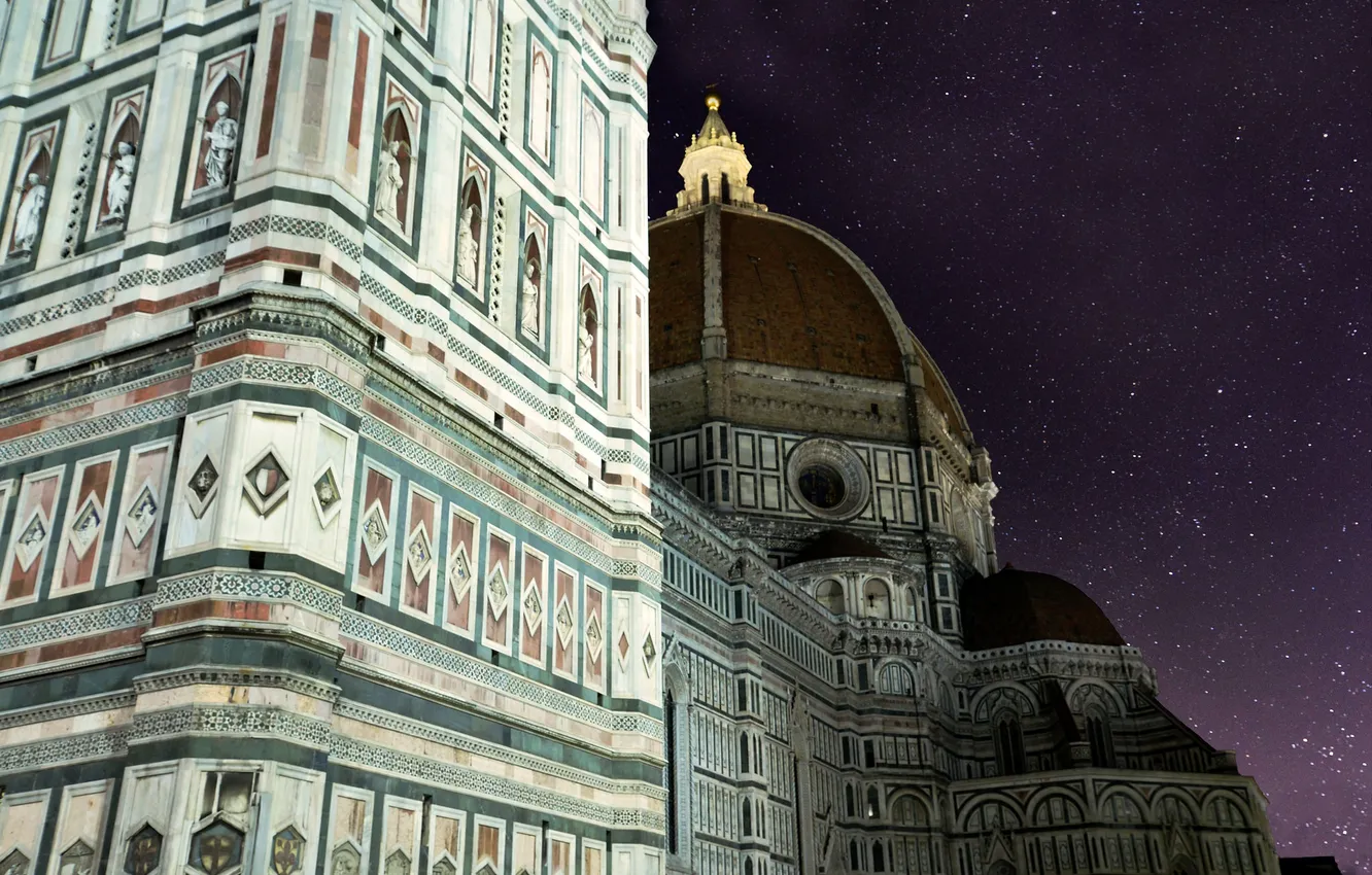 Photo wallpaper the sky, stars, night, Italy, Florence, Duomo, Giotto's bell tower, the Cathedral of Santa Maria …