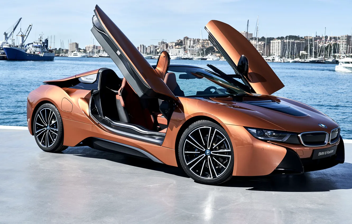 Photo wallpaper Roadster, side view, harbour, 2018, BMW i8