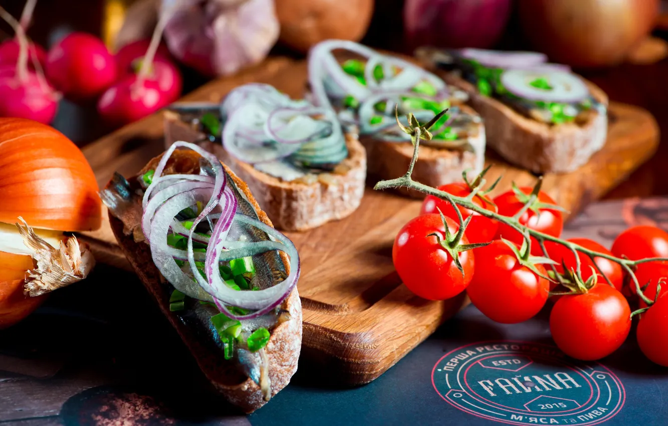 Photo wallpaper bow, bread, tomatoes, bruschetta, whitebait