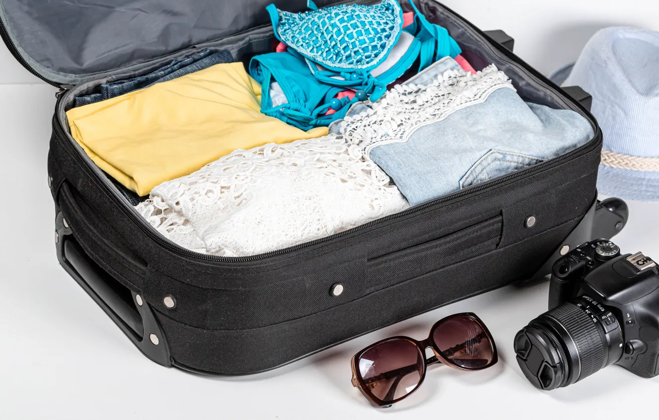 Photo wallpaper swimsuit, stay, clothing, hat, glasses, the camera, suitcase, trip