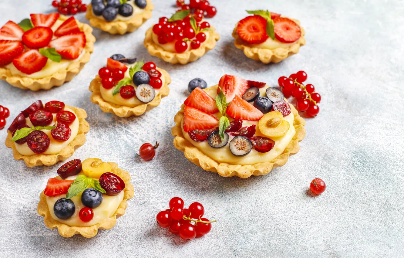 Photo wallpaper red, cherry, berries, table, blueberries, strawberry, cake, placer