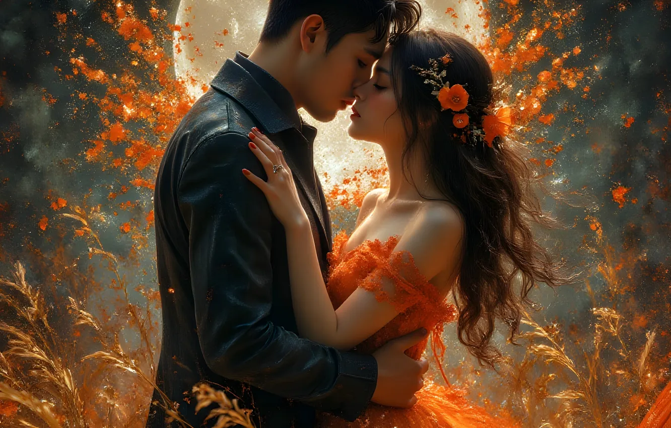 Photo wallpaper field, girl, love, the moon, kiss, hugs, guy, AI art