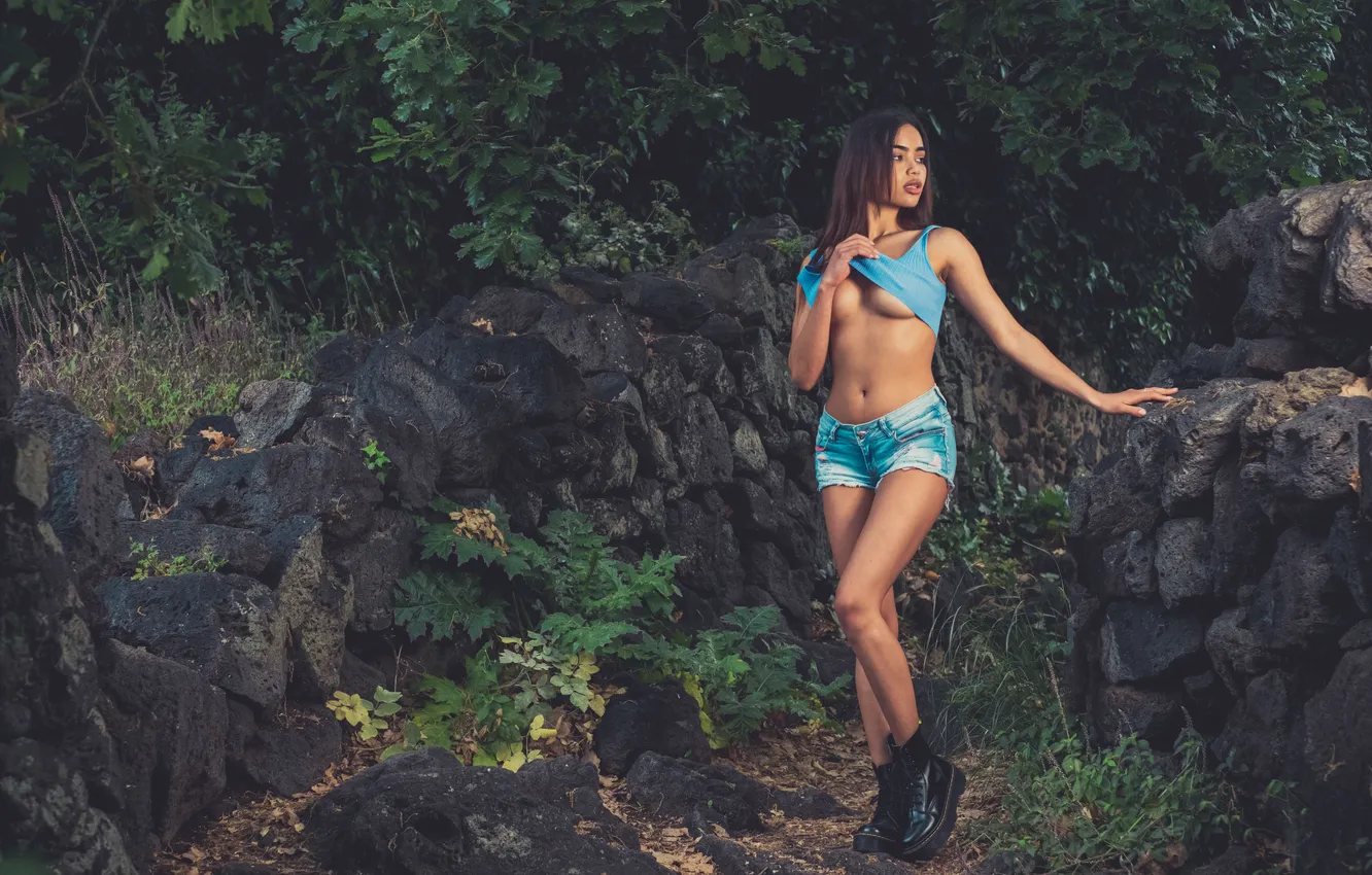 Photo wallpaper boobs, model, brunette, tits, breasts, gorgeous, posing, busty