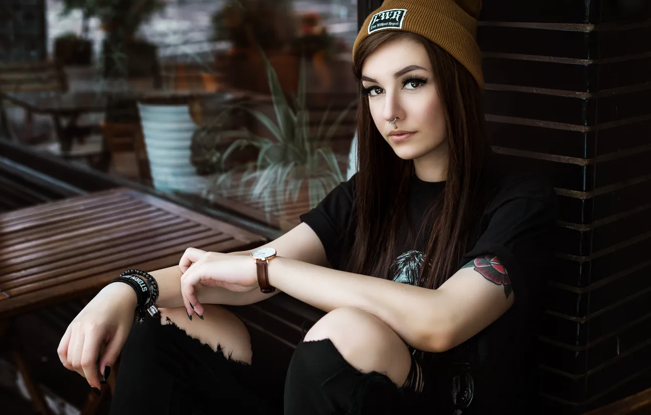 Photo wallpaper girl, long hair, brown eyes, photo, model, tattoo, lips, face