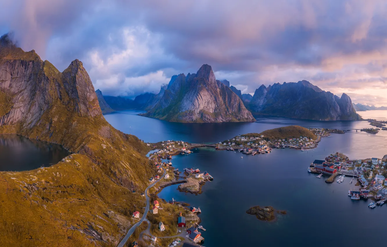 Photo wallpaper sea, Islands, mountains, dawn, morning, village, Norway, panorama