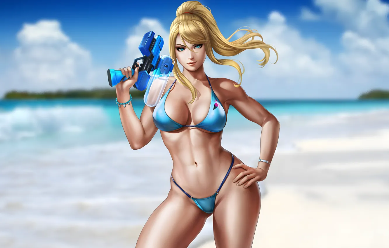 Photo wallpaper beach, boobs, games, blue eyes, blonde, belly, bikini, hips