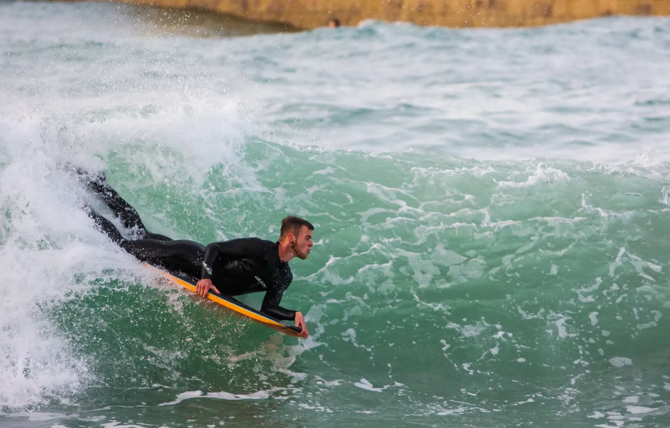 Photo wallpaper sea, foam, wave, costume, surfing, male, Board, bokeh
