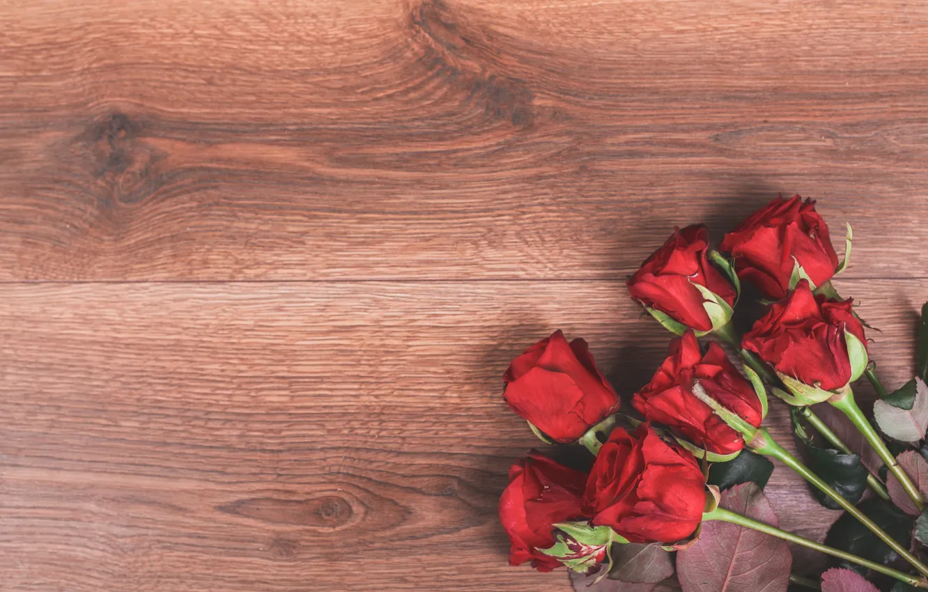 Photo wallpaper flowers, red, roses, bouquet, red, wood, flowers, romantic