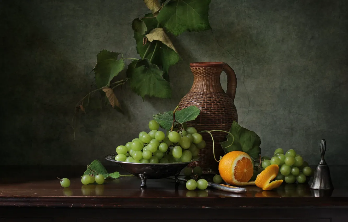Photo wallpaper the dark background, table, orange, grapes, bunch, pitcher, still life, vine