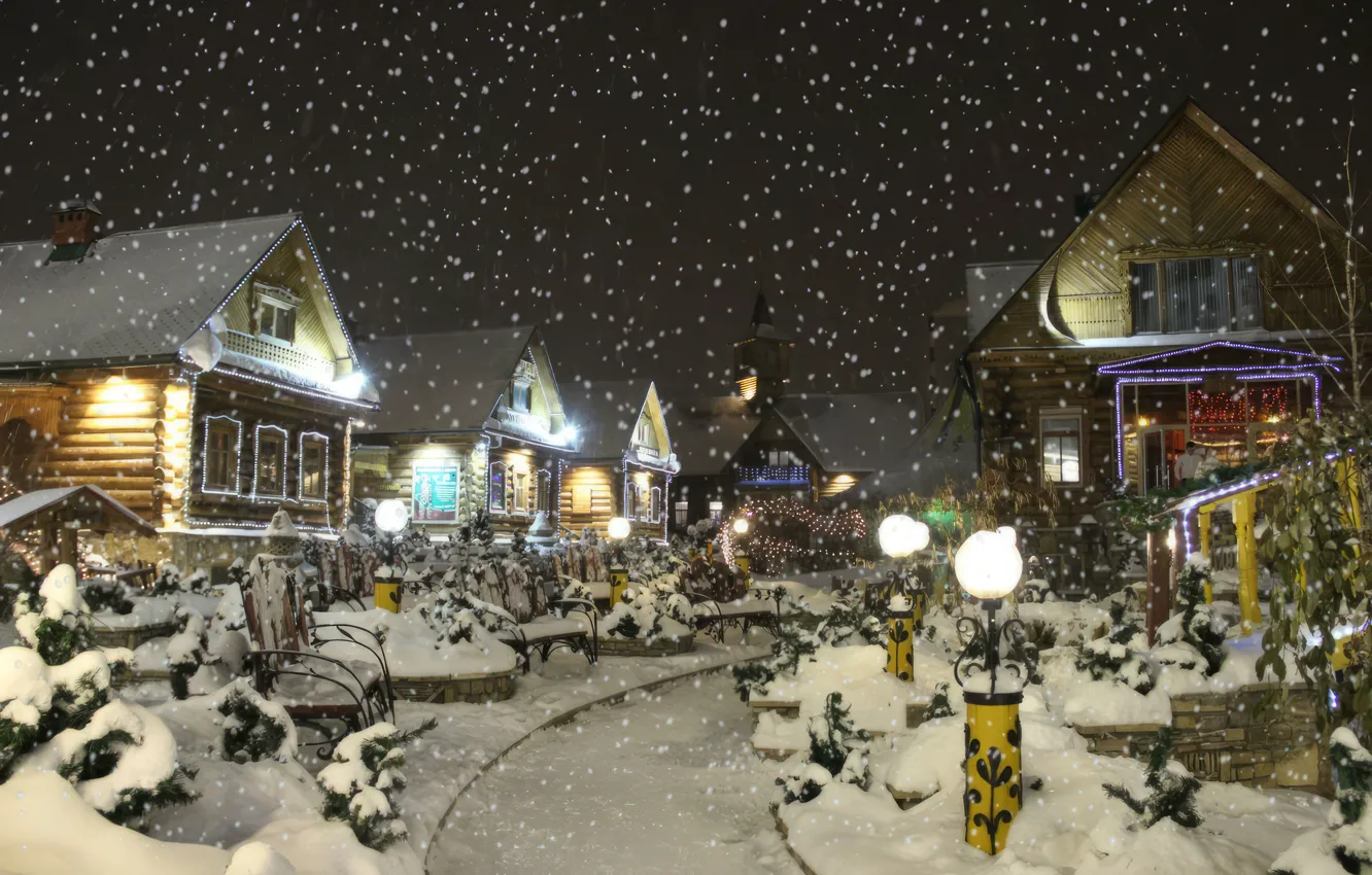 Photo wallpaper village, snowfall, Winter evening, village, snowfall, Winter Evening