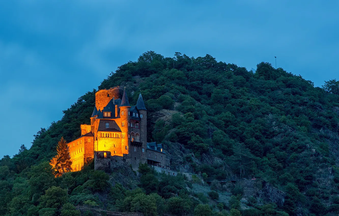 Photo wallpaper mountains, lights, Germany, Castle Katz