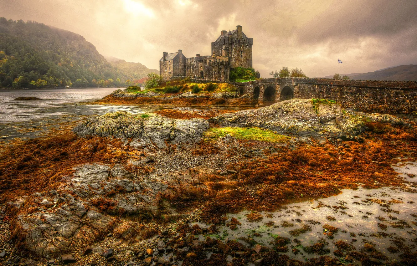 Photo wallpaper autumn, mountains, bridge, castle, shore, pond