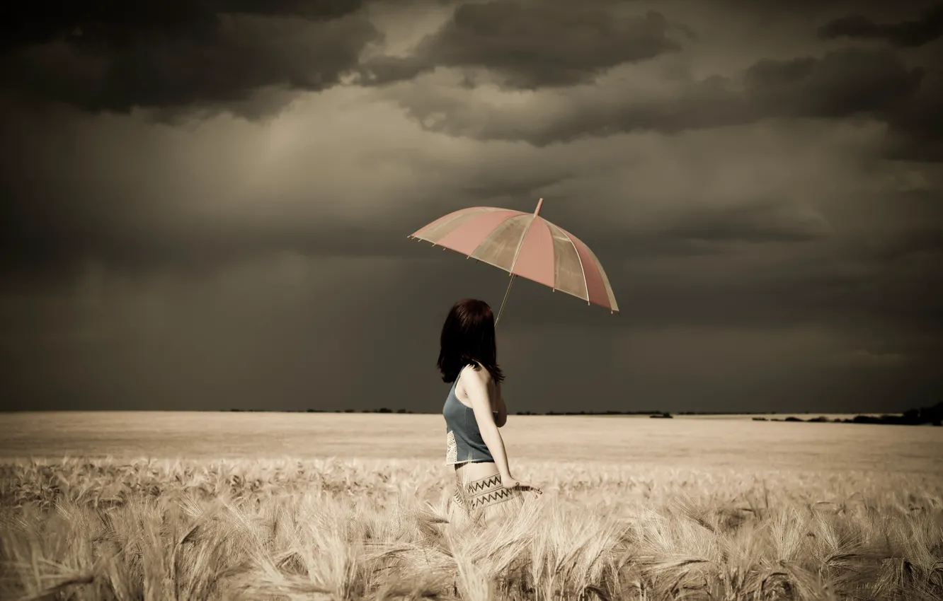 Photo wallpaper Girl, Clouds, Model, Storm, Female, Umbrella, Photo, Woman