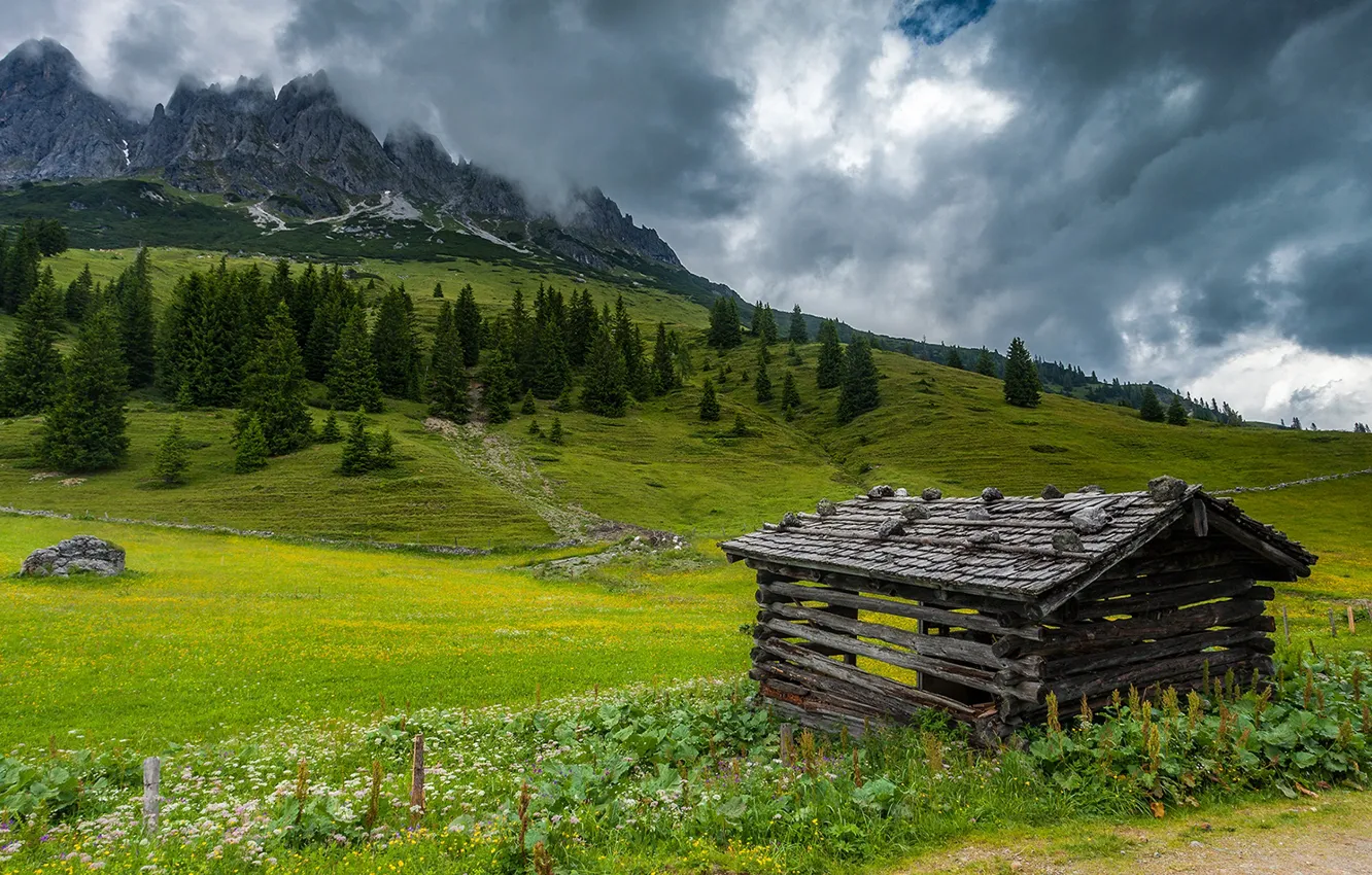 Photo wallpaper greens, the sky, grass, clouds, mountain landscape, the cabin in the mountains, Austrian Alps