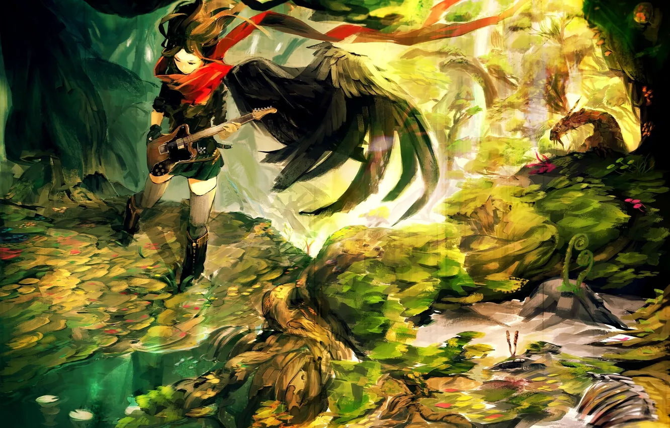 Photo wallpaper girl, red, guitar, wings, scarf, art, so-am