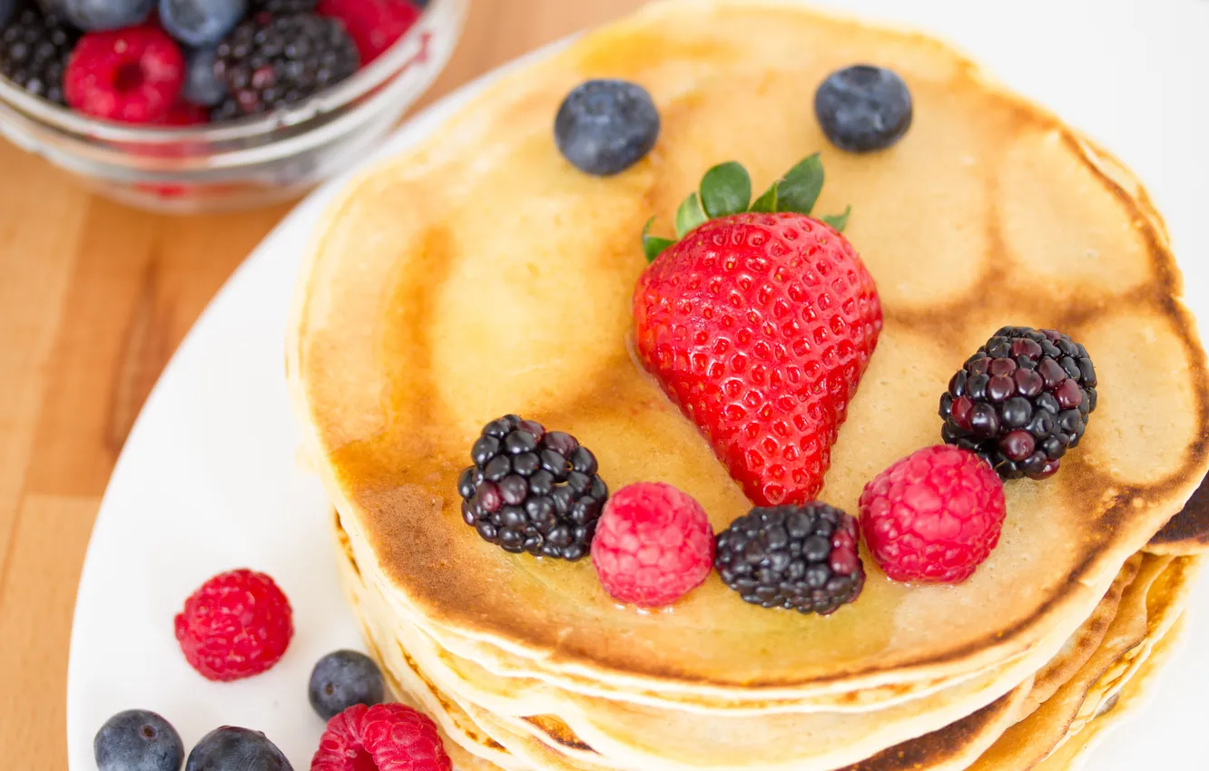 Photo wallpaper berries, raspberry, food, blueberries, strawberry, pancakes, pancakes