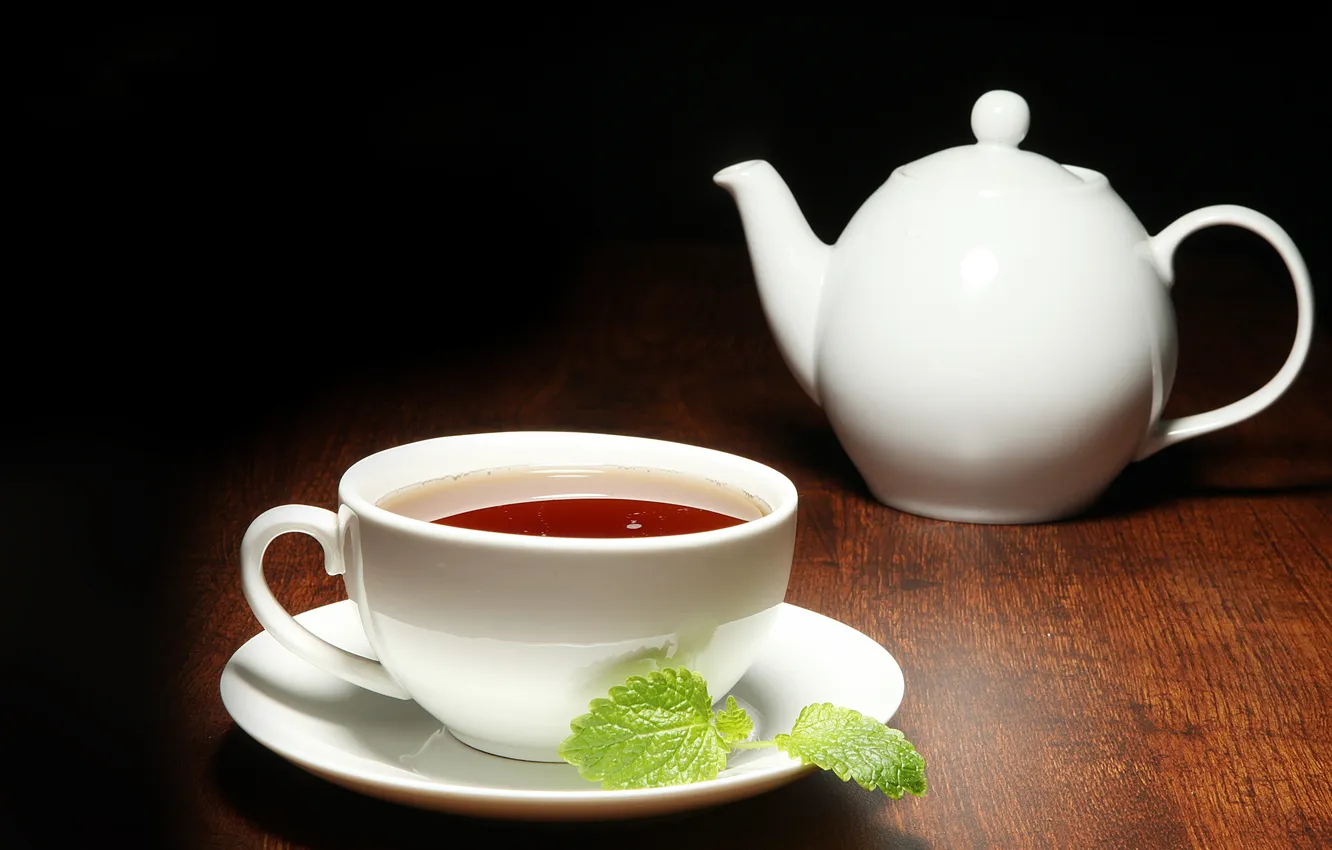 Photo wallpaper white, the dark background, tea, kettle, Cup, mint, teapot