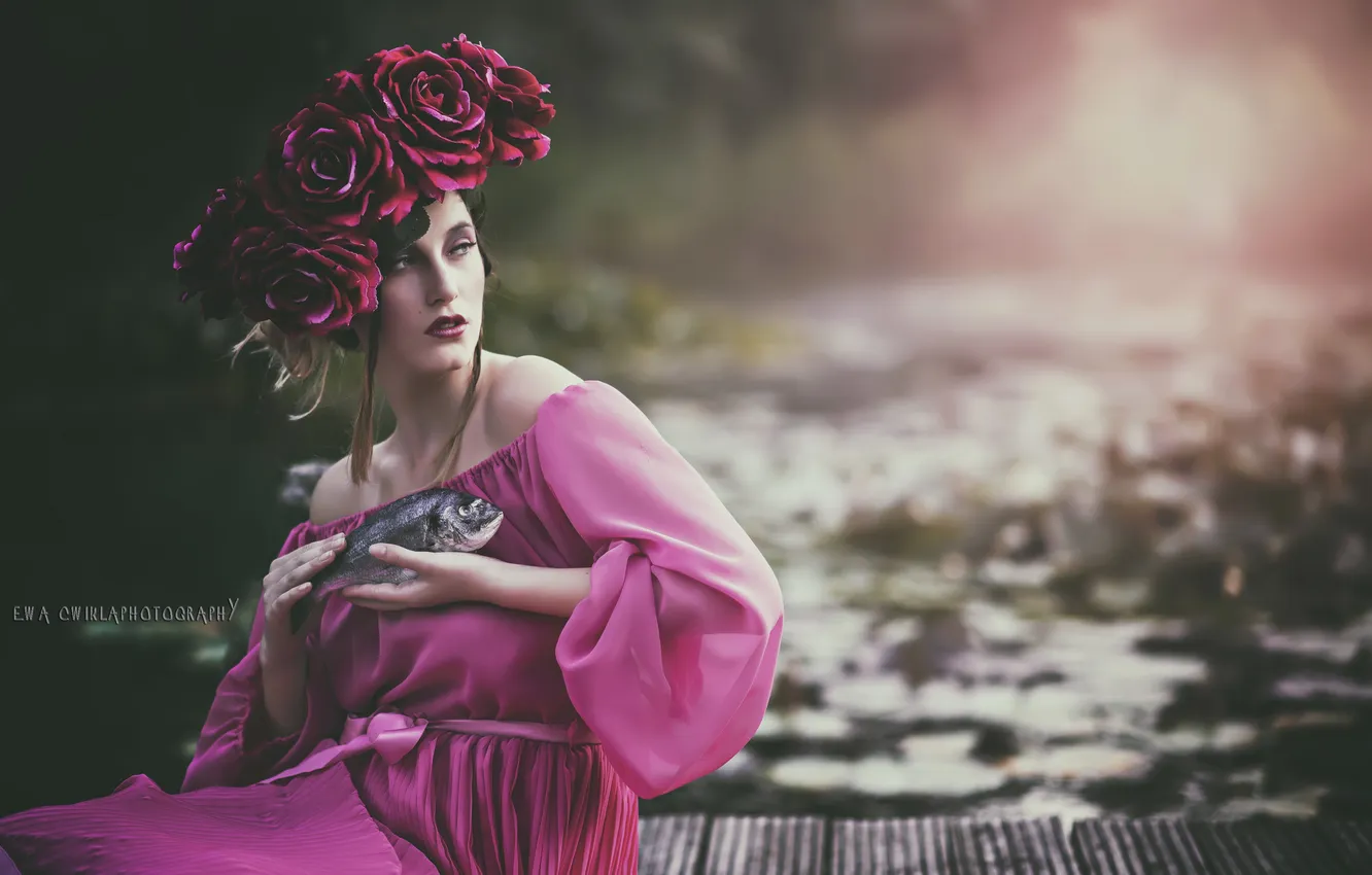 Photo wallpaper girl, background, fish