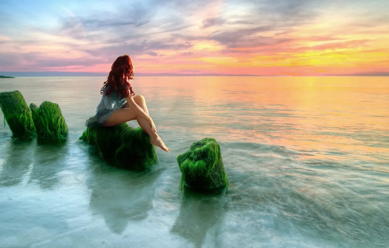 Photo wallpaper sea, girl, algae, sunset, stones, Tina, sitting, redhead