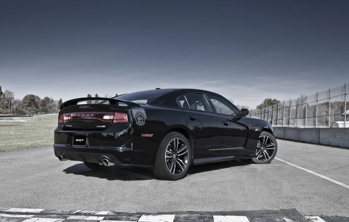 Photo wallpaper trees, reflection, black, track, Dodge Charger