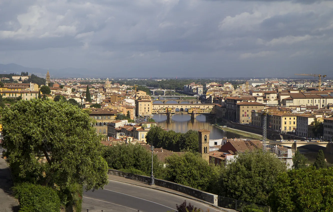 Photo wallpaper the sky, bridge, river, home, Italy, panorama, Florence, The Ponte Vecchio