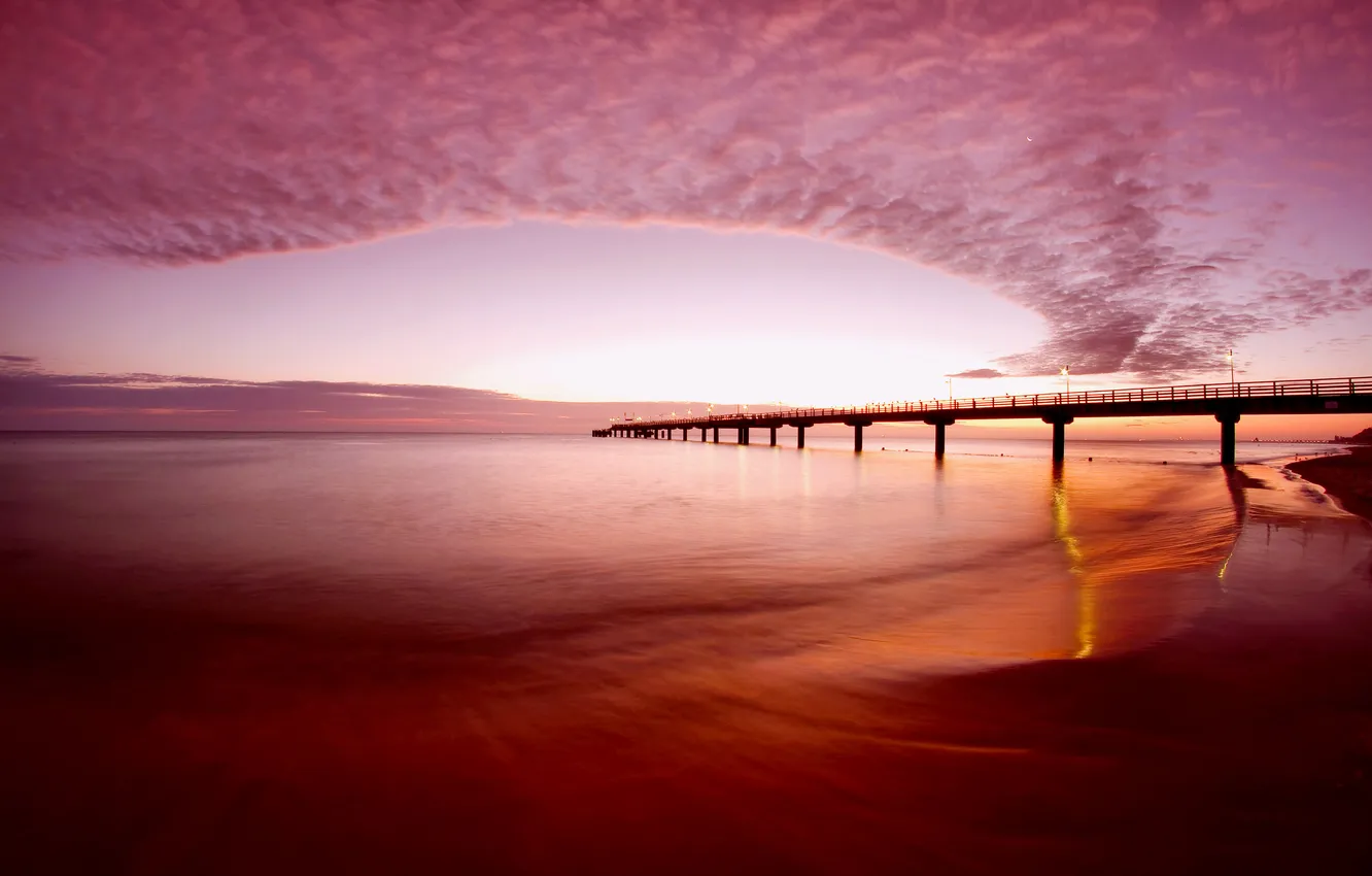 Photo wallpaper sea, the sky, clouds, sunset, lights, the evening, pierce