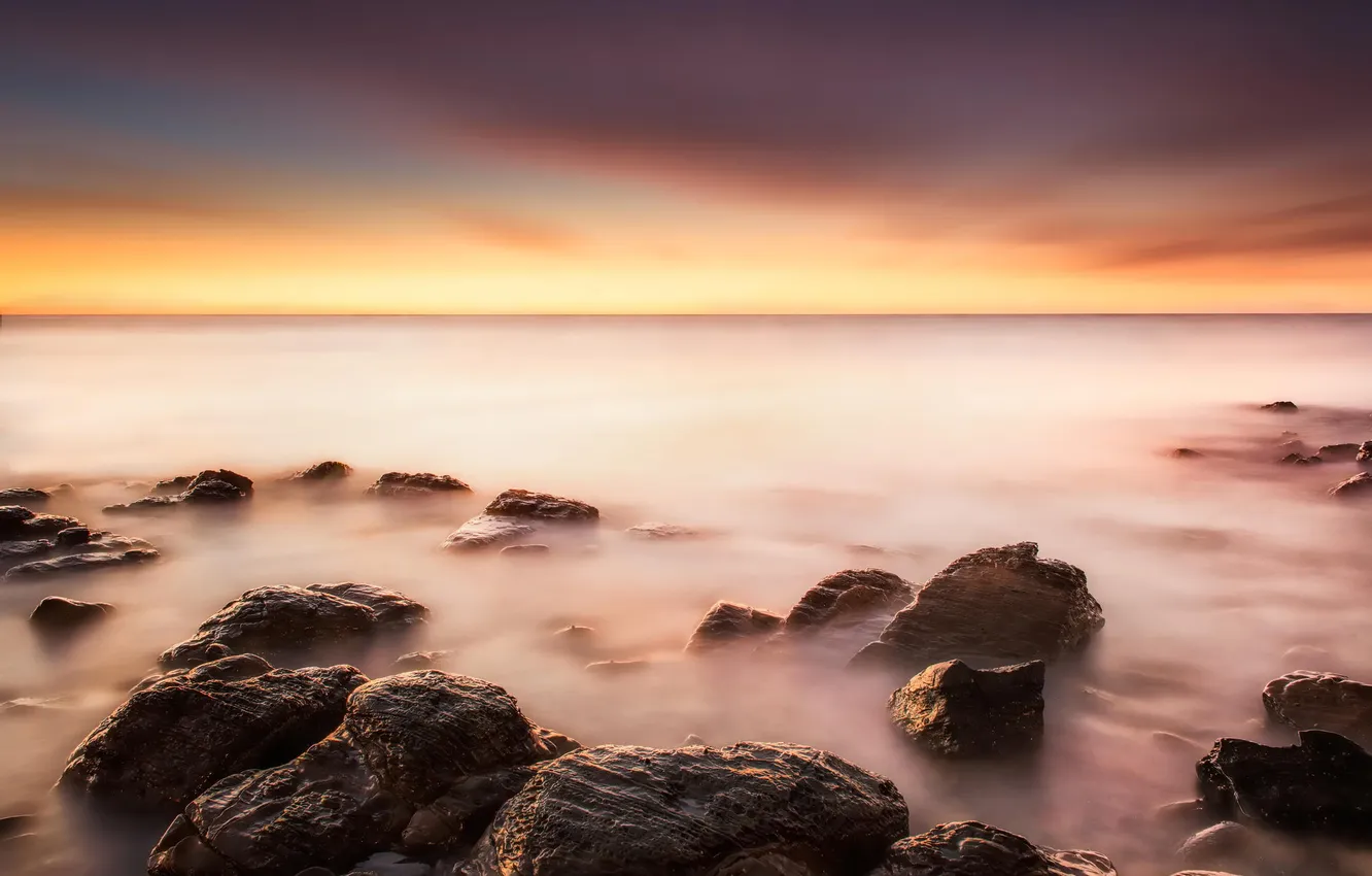 Photo wallpaper stones, the ocean, dawn, shore, view, horizon
