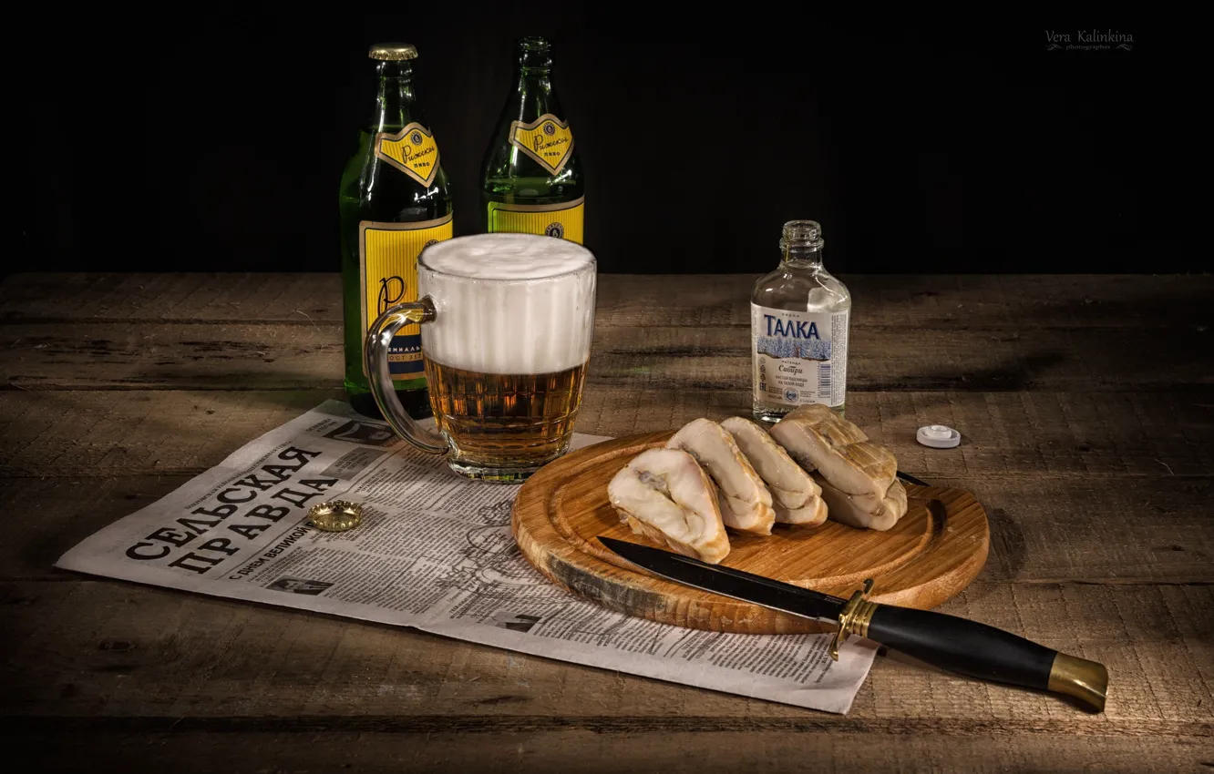Photo wallpaper bottle, beer, fish, vodka, appetizer, Faith Kalinkina