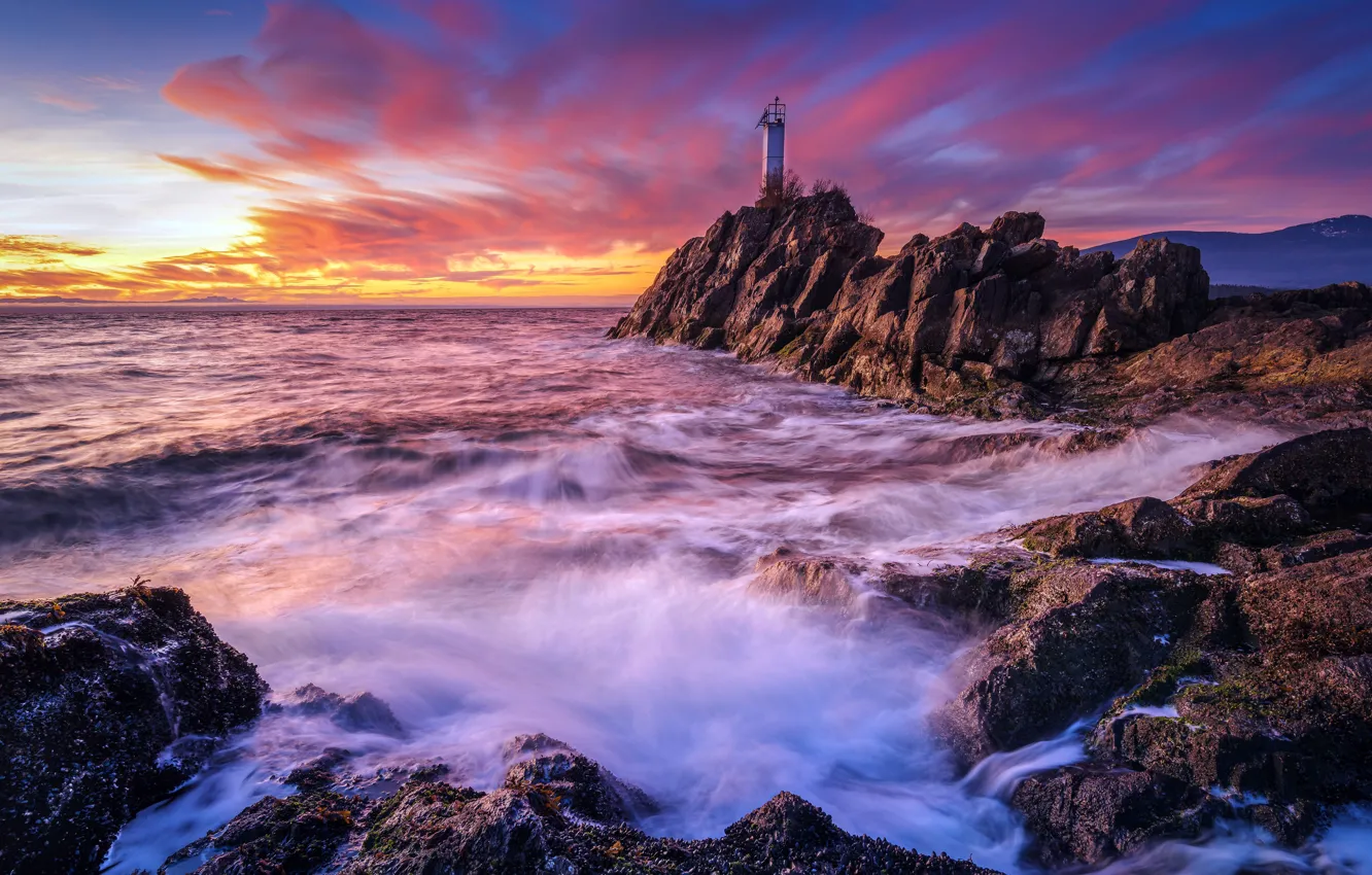Photo wallpaper Canada, sunset, lighthouse, Coast Reef, Bowen Island