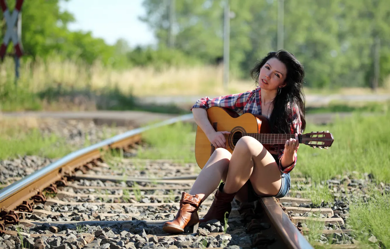 Photo wallpaper girl, mood, rails, guitar