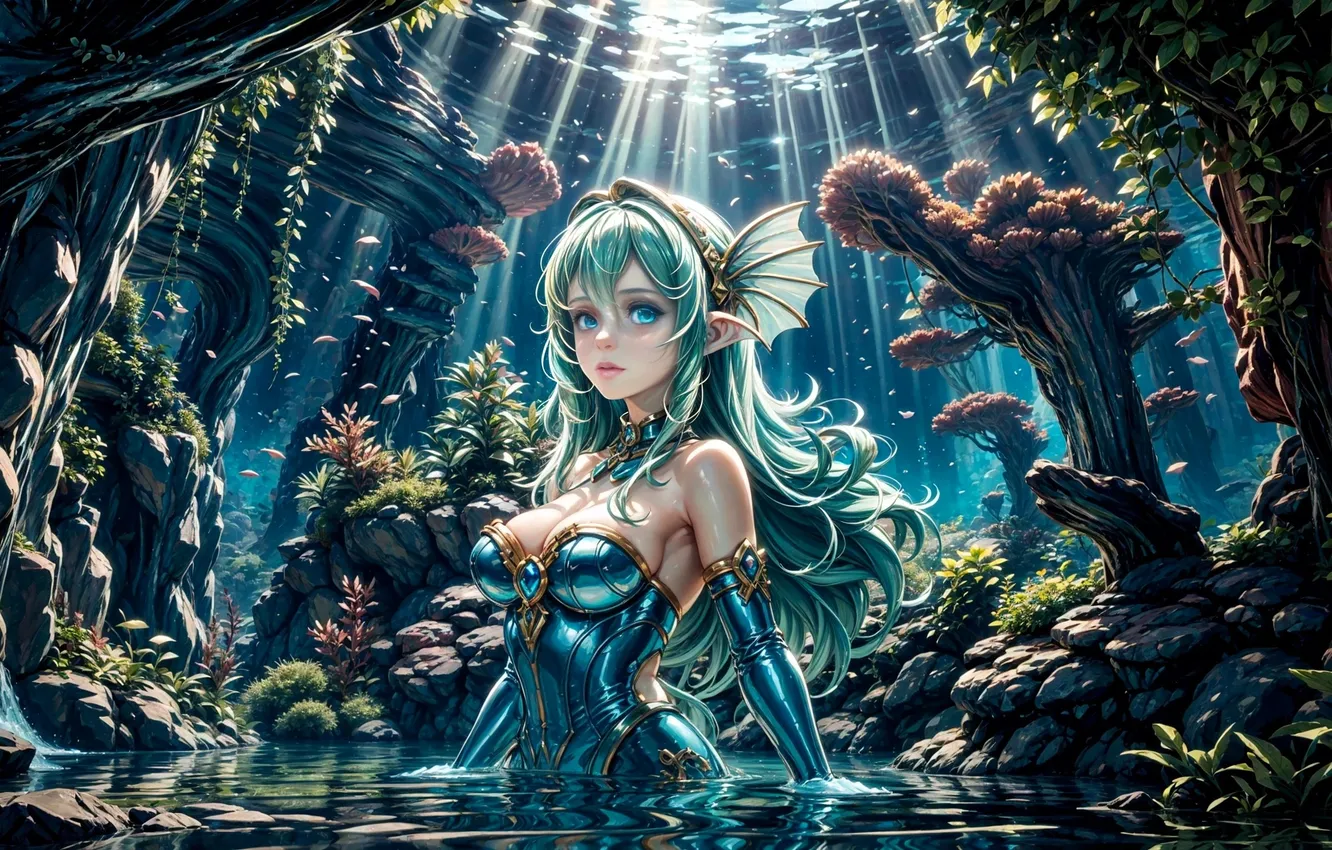 Photo wallpaper sea, water, girl, rays, plant, outfit, cave