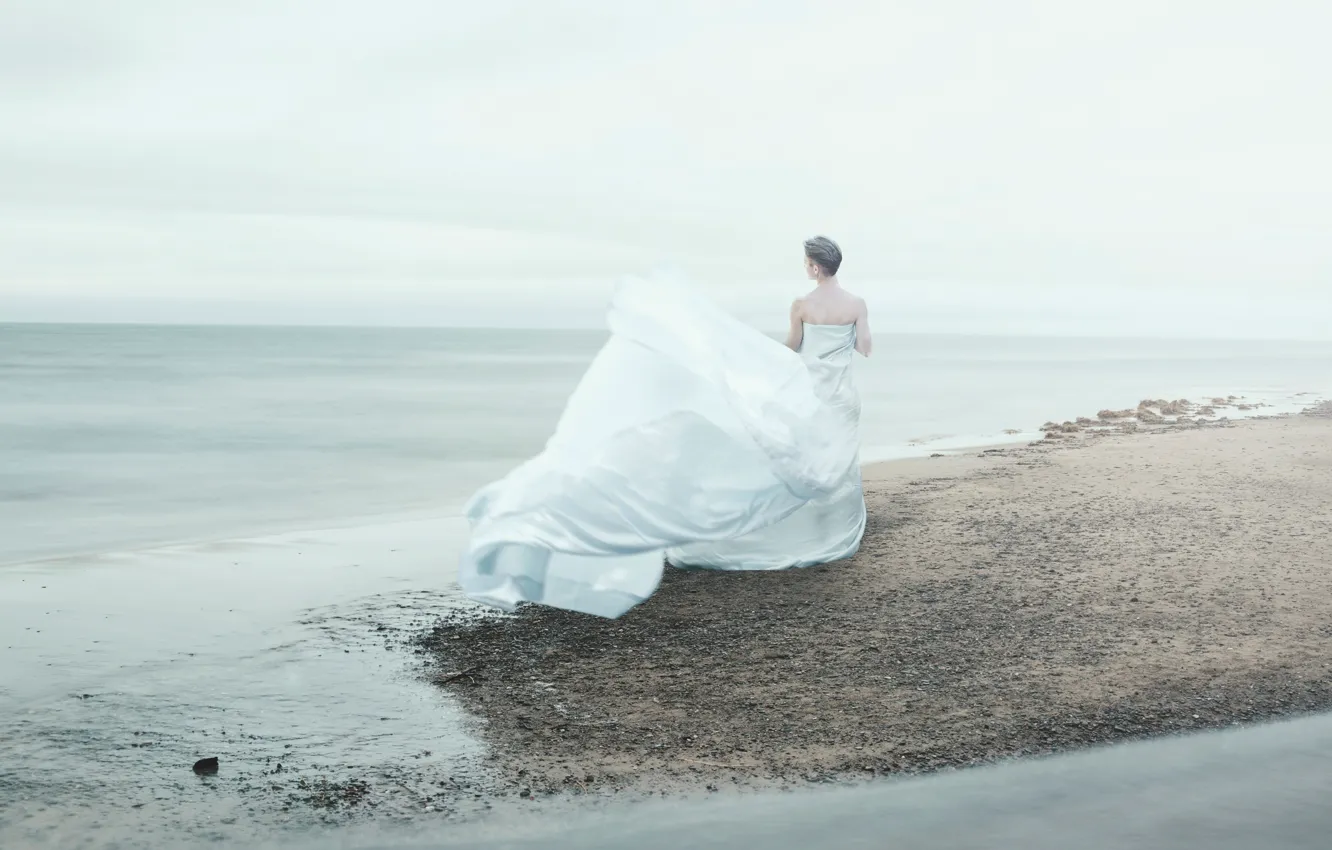Photo wallpaper sea, white, girl, mood, the wind, shore, light, morning