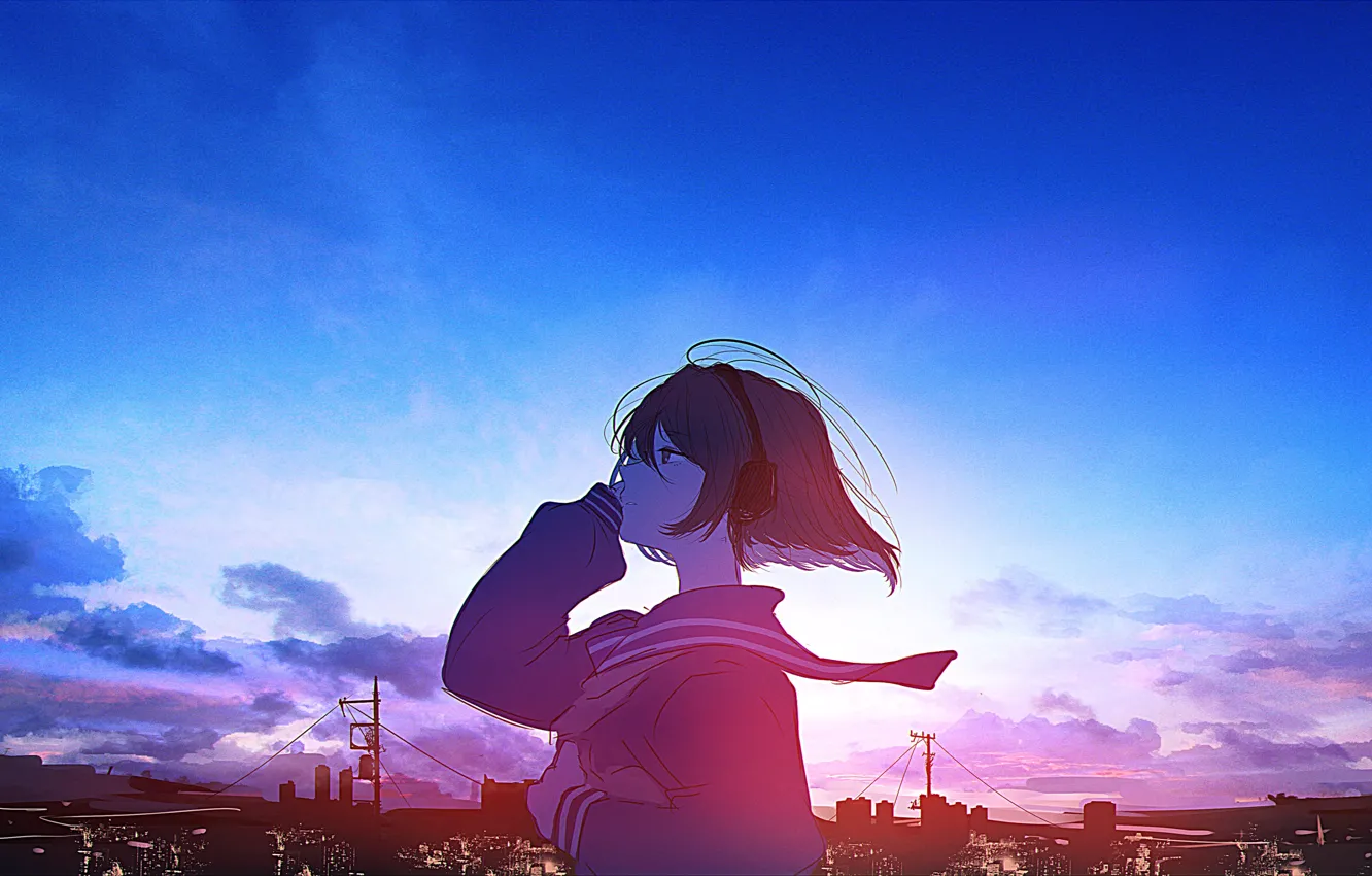 Photo wallpaper girl, sunset, the city, school uniform