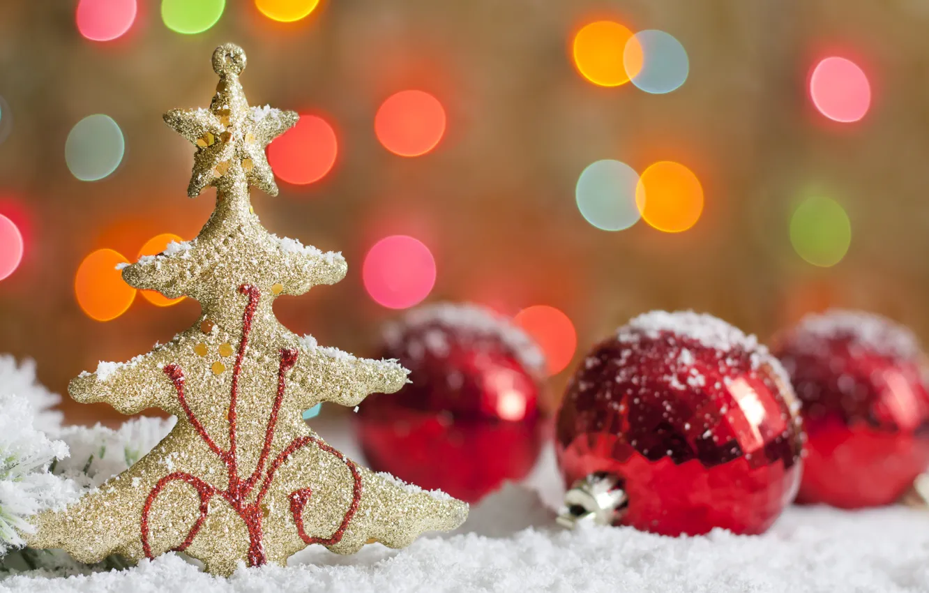 Photo wallpaper snow, balls, tree, New Year, Christmas, red, holidays, figure