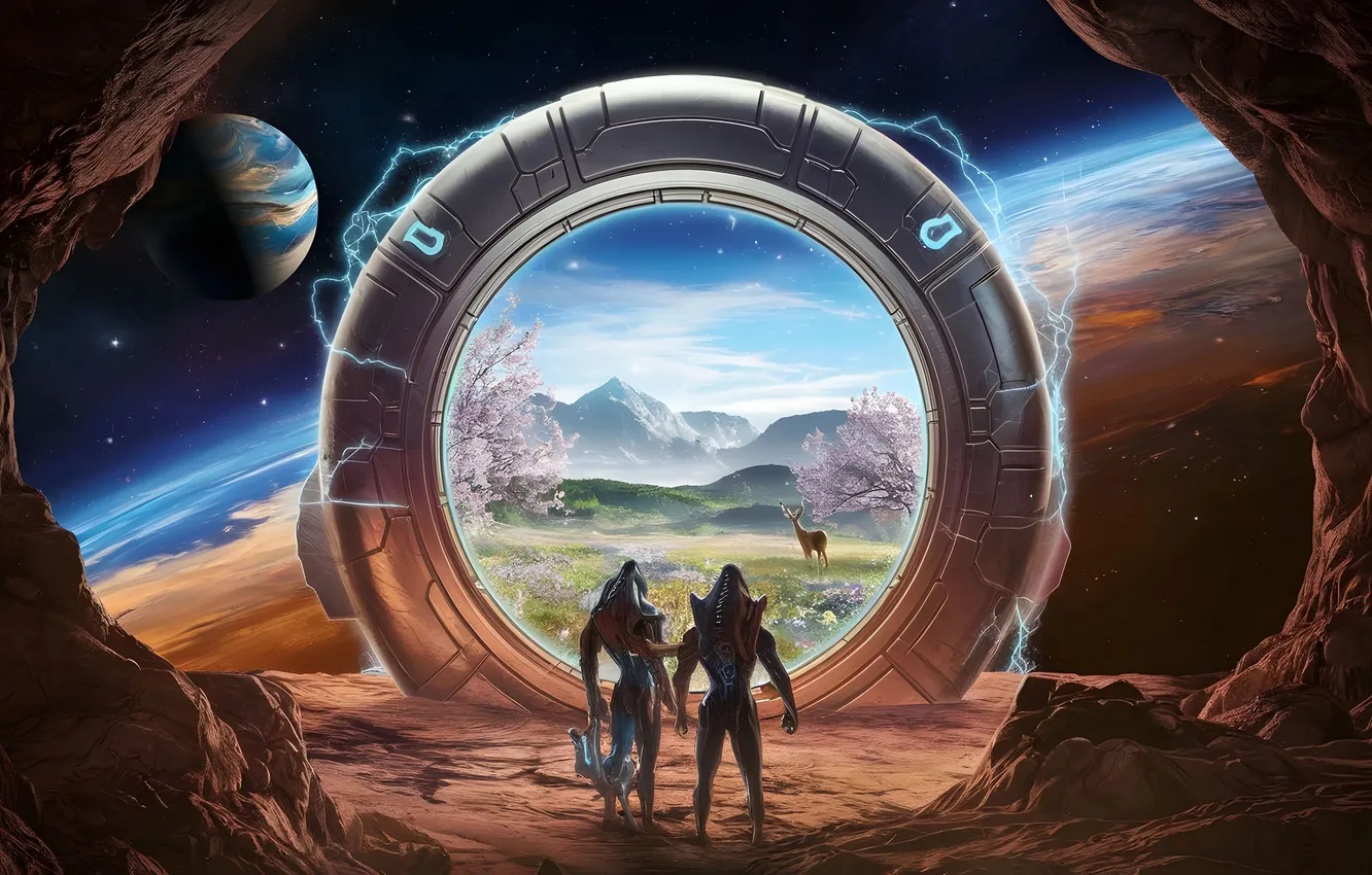 Photo wallpaper field, the sky, space, stars, clouds, light, trees, circles