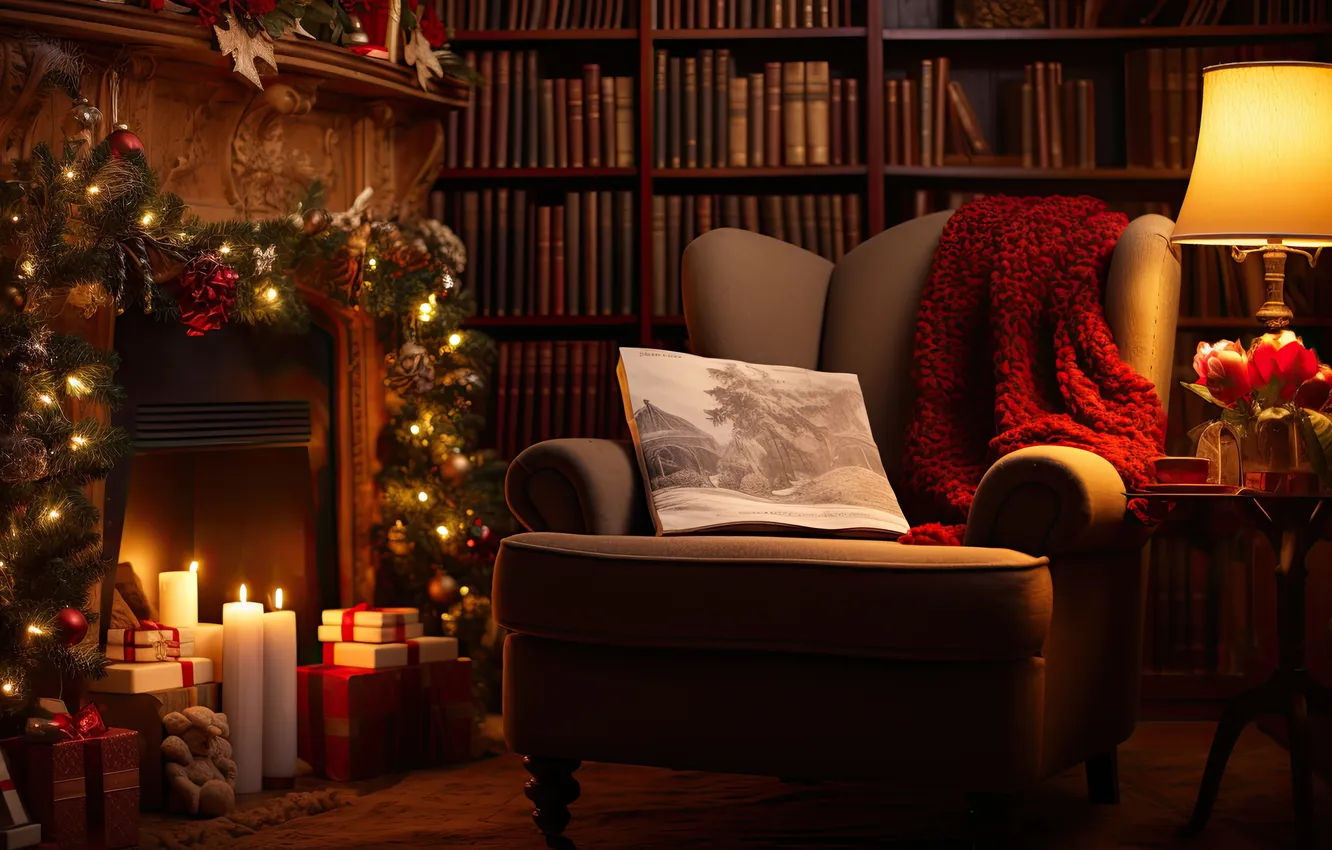 Photo wallpaper decoration, room, balls, tree, interior, chair, Christmas, fireplace