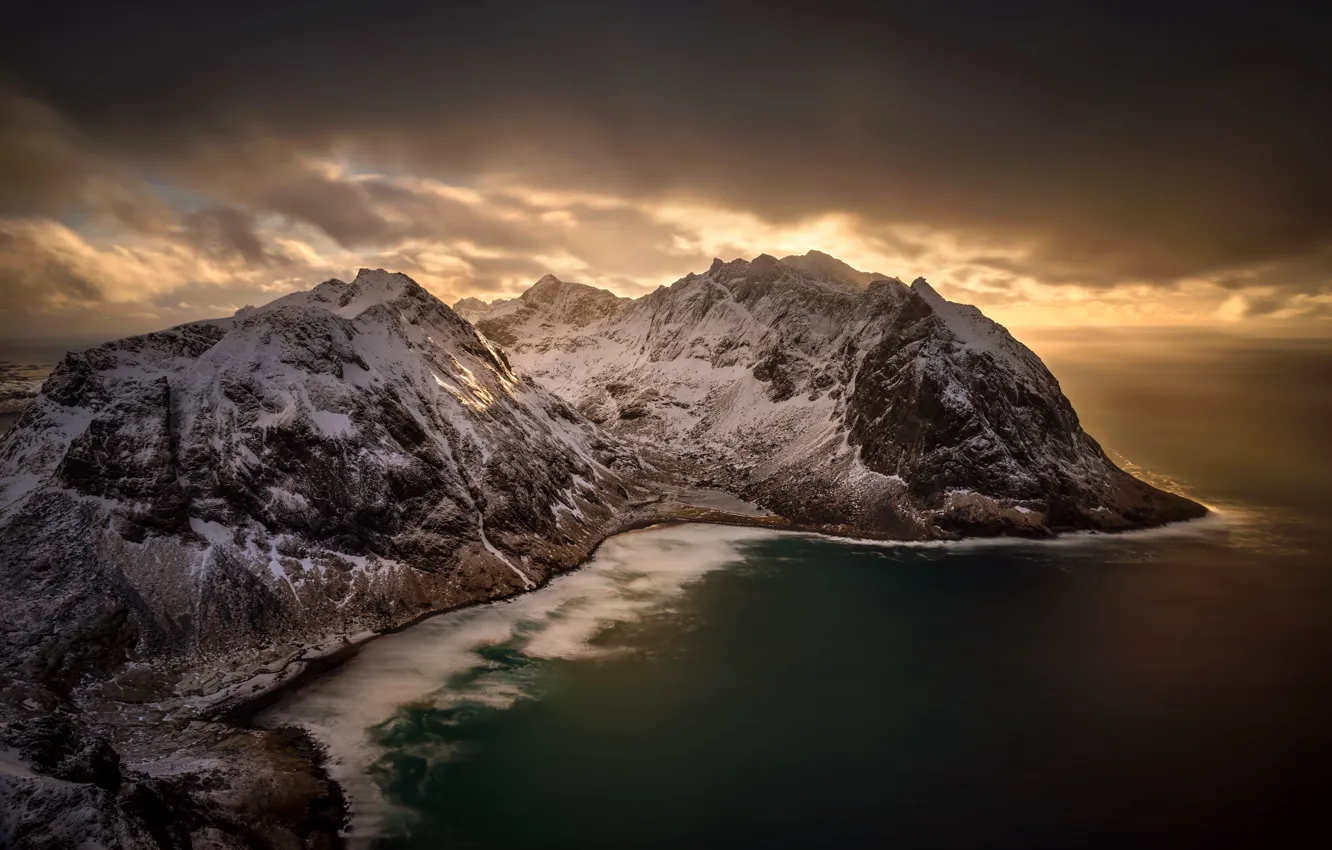 Photo wallpaper winter, sea, snow, mountains, clouds, coast, Norway, panorama