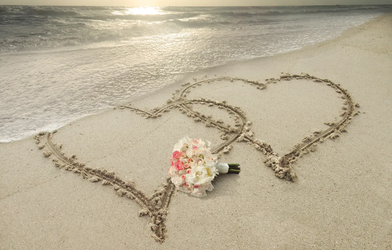 Photo wallpaper sand, sea, flowers, nature, tropics, coast, bouquet, heart