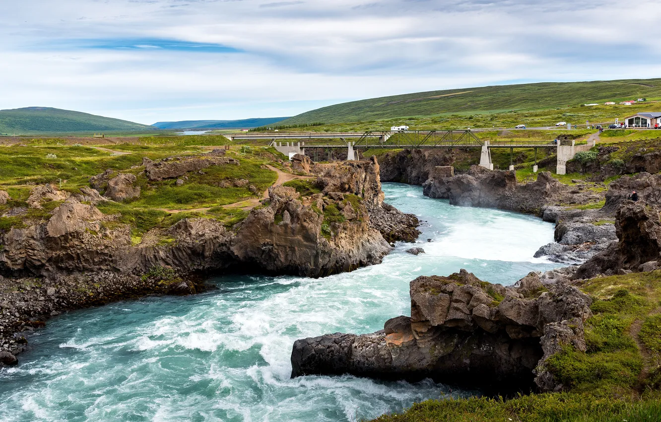 Photo wallpaper river, hills, shore