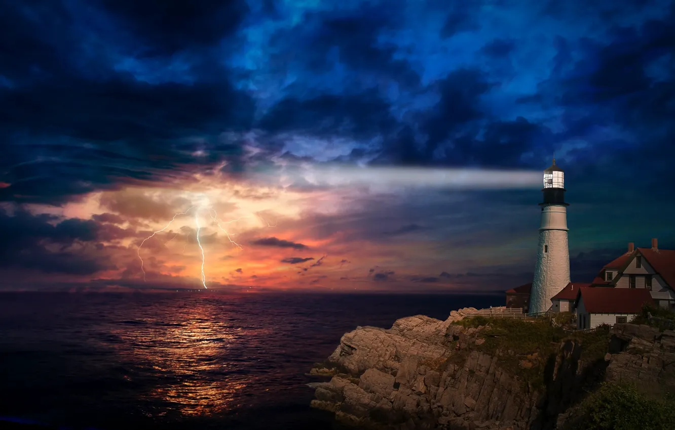 Photo wallpaper sea, the storm, night, rock, lightning, lighthouse, home