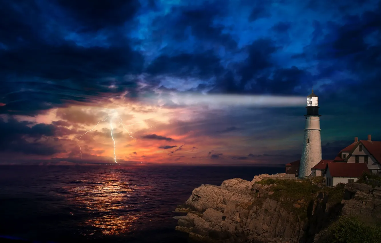 Photo wallpaper sea, the storm, night, rocks, lightning, lighthouse, home
