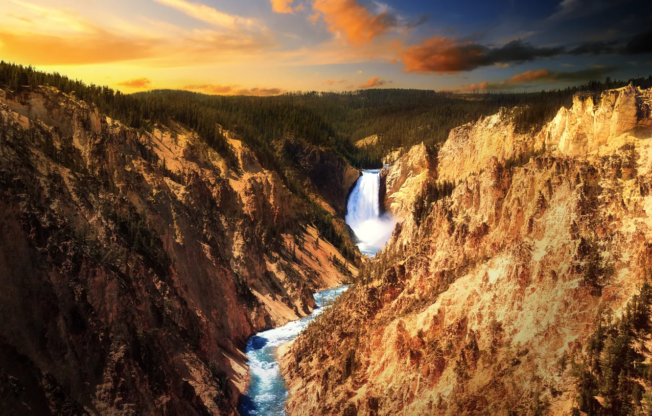 Photo wallpaper sunset, river, waterfall, Rocks, Yellowstone