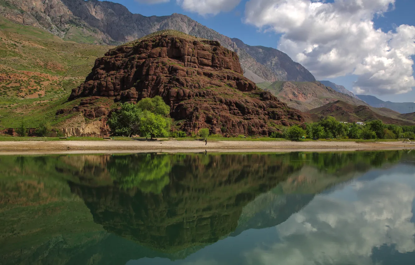 Photo wallpaper clouds, landscape, mountains, nature, lake, reflection, rocks, Tajikistan