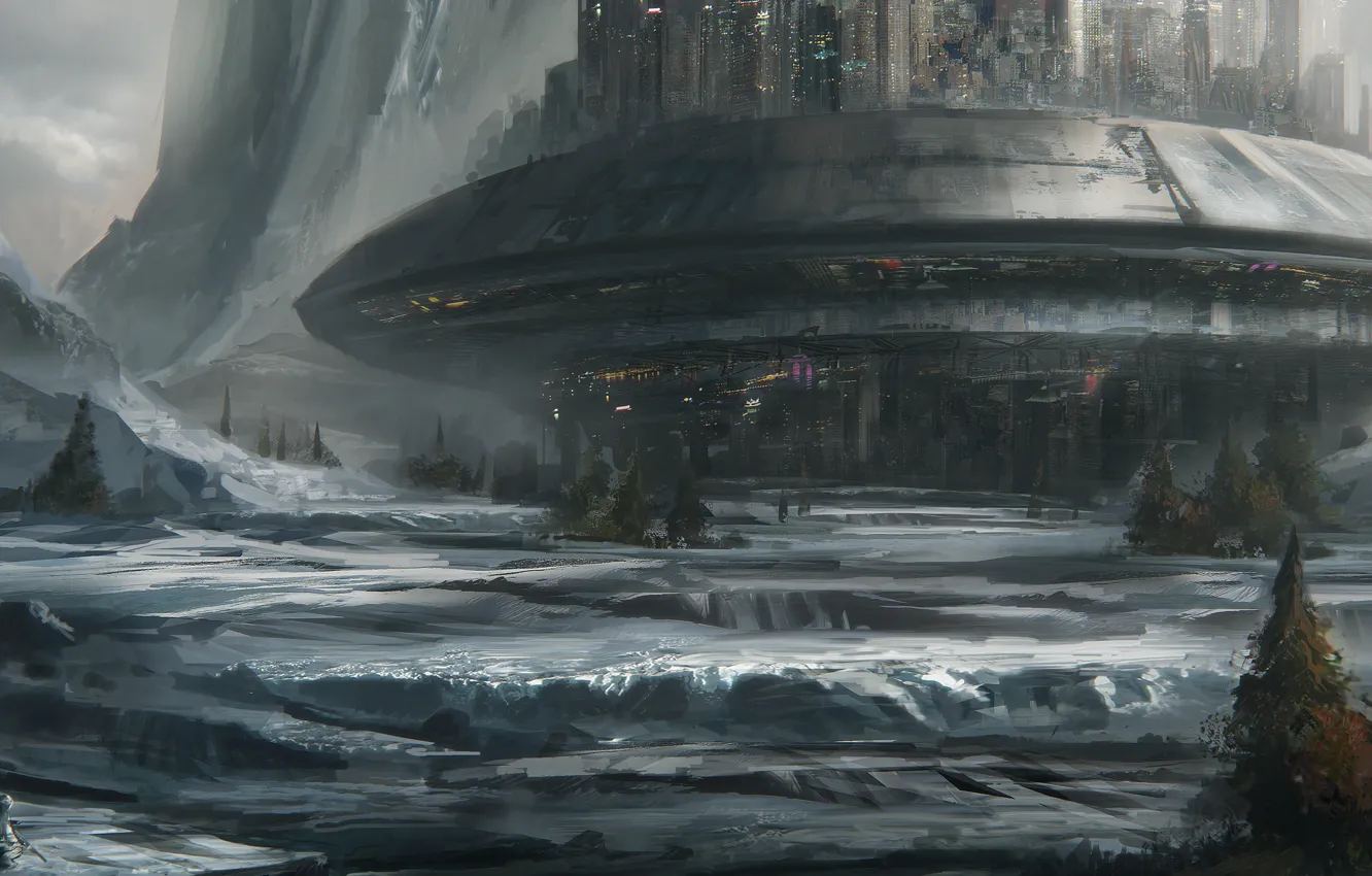 Photo wallpaper ice, forest, snow, mountains, the city, Tundra base