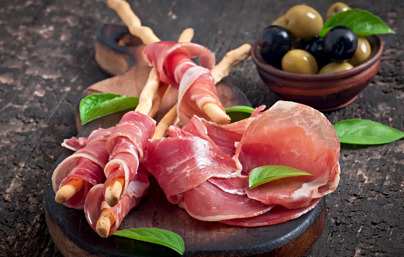 Photo wallpaper greens, leaves, table, Board, sticks, meat, bowl, olives